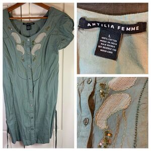 Antilia Femme Embellished Sequin Tunic Large Fairy Grunge Embroidered Green READ